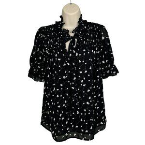Pleione Black & White Floral Short Sleeve Blouse Size Small V-Neck Bow Tie 100%
